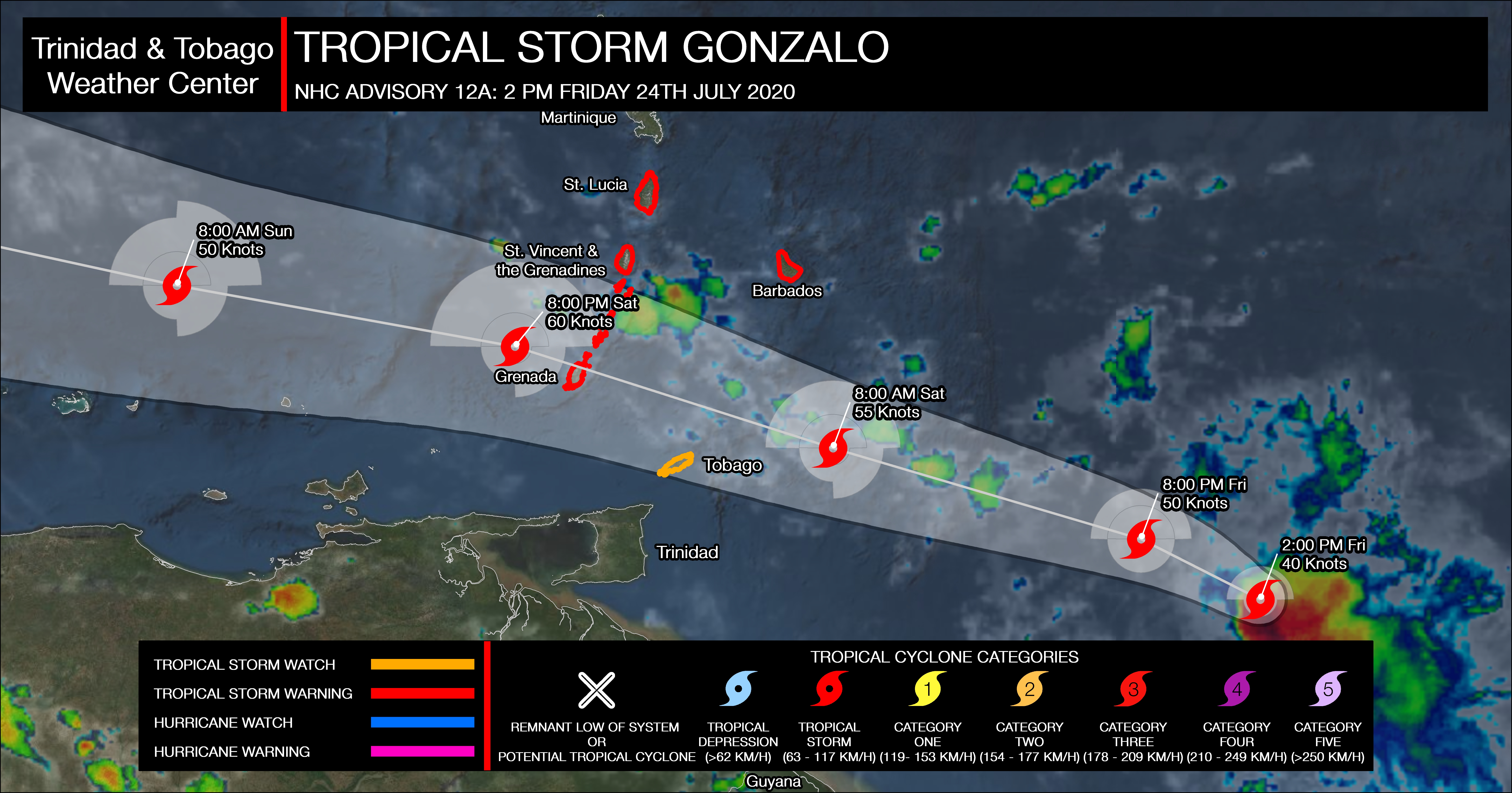 Zoomed version of the National Hurricane Center's track for Tropical Storm Gonzalo as it moves north of Tobago this weekend.