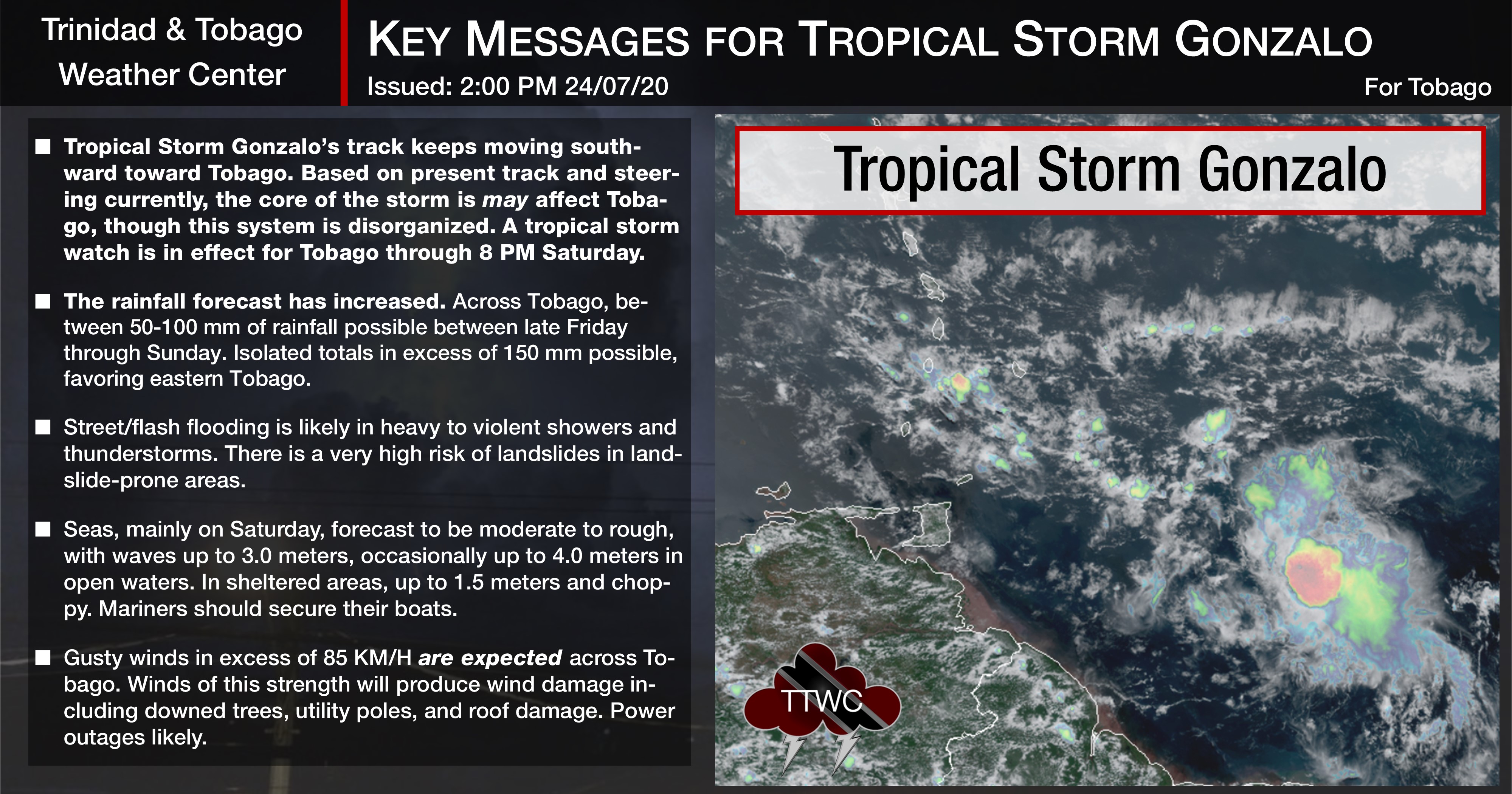 Key Messages for Tropical Storm Gonzalo as of 2:00 PM Friday, July 24th, 2020, for Tobago.