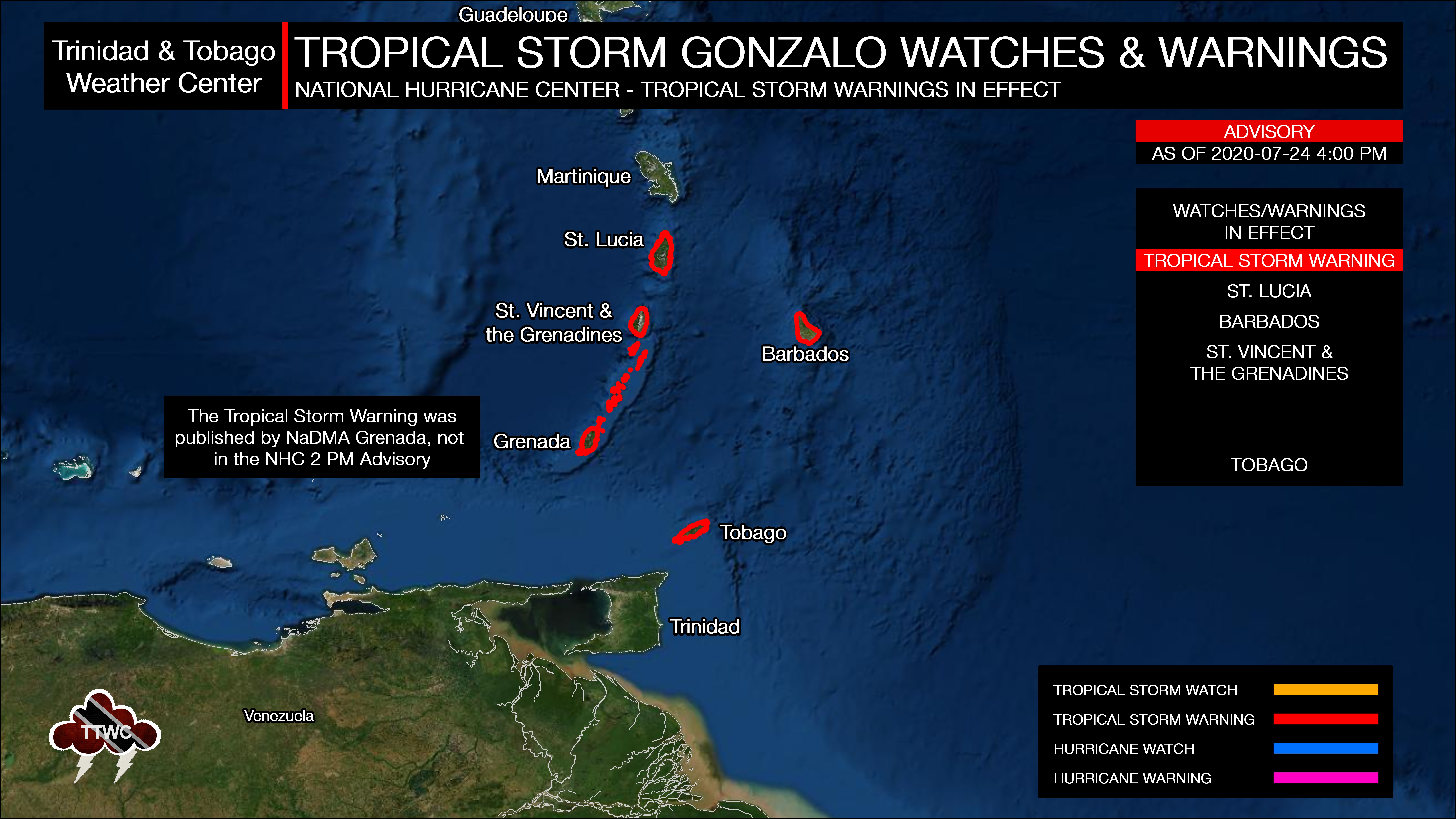 Tropical Storm Gonzalo Watches & Warnings as of 4:00 PM Friday, July 24th, 2020.