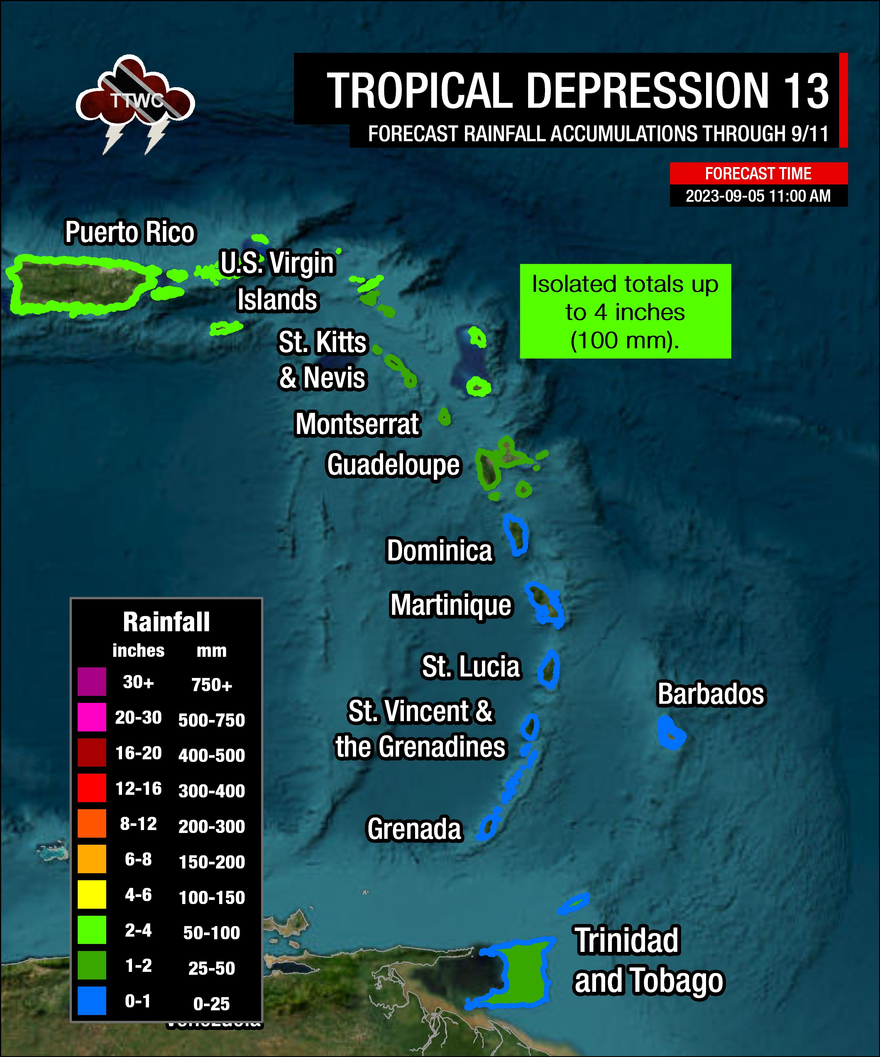Forecast rainfall accumulations from the eventual system associated with Tropical Depression Thirteen through Monday, September 11th, 2023.