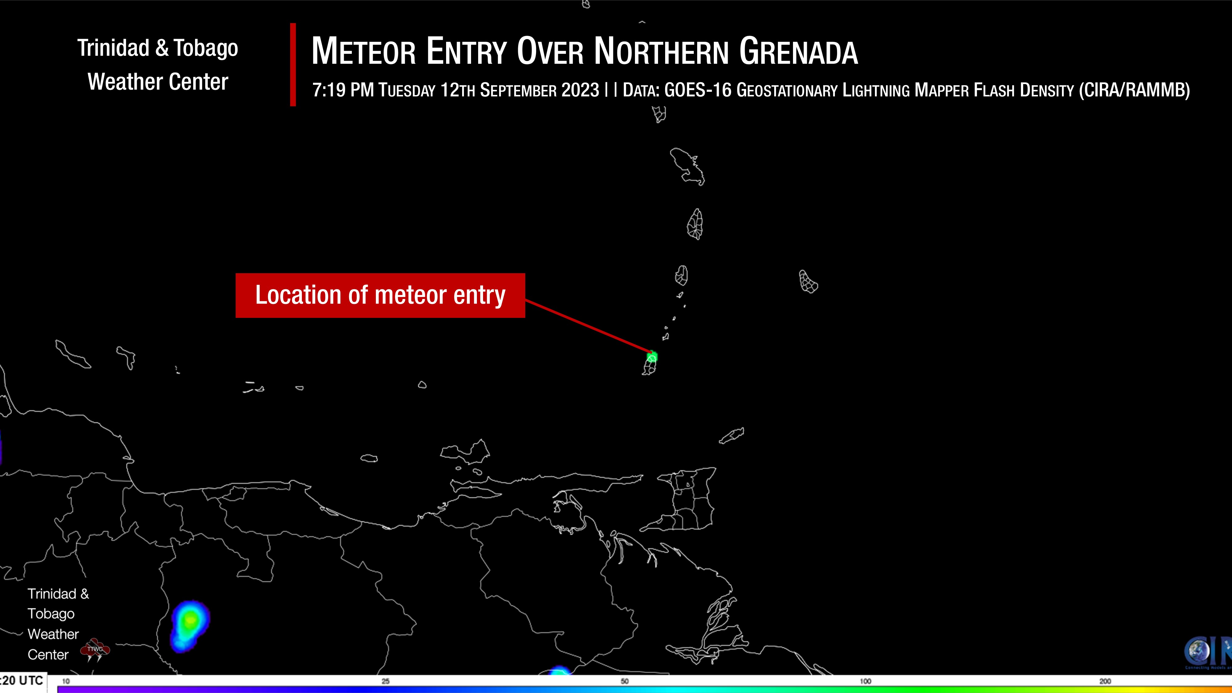 GOES-East(16) Geostationary Lightning Mapper showing a bright flash between 7:10 PM and 7:20 PM Tuesday, September 12th, 2023.