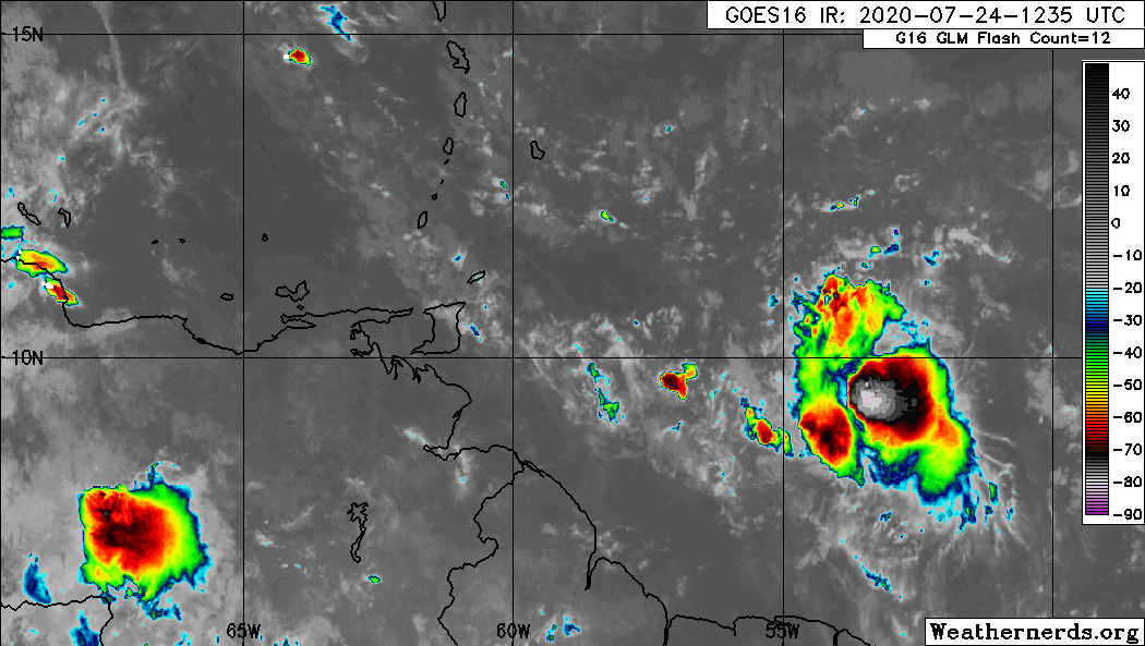 Tropical Storm Gonzalo in the Central Atlantic, producing a concentrated area of strong convection near the center of circulation as of Friday afternoon in the southeastern quadrant of the storm. (Weathernerds)