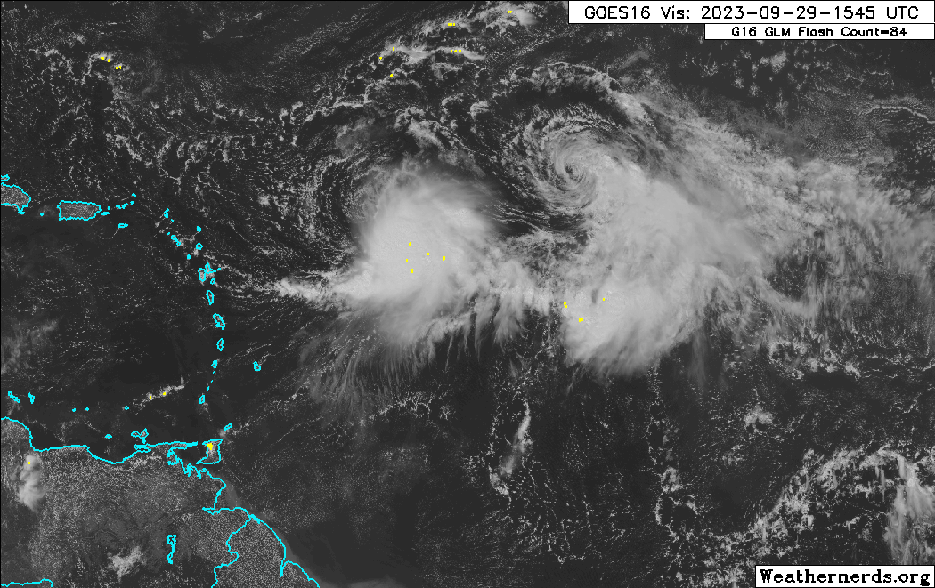 Tropical Storm Philippe and Tropical Storm Rina churning east of the Leeward Islands on Friday afternoon. (Image credit: Weathernerds.org)