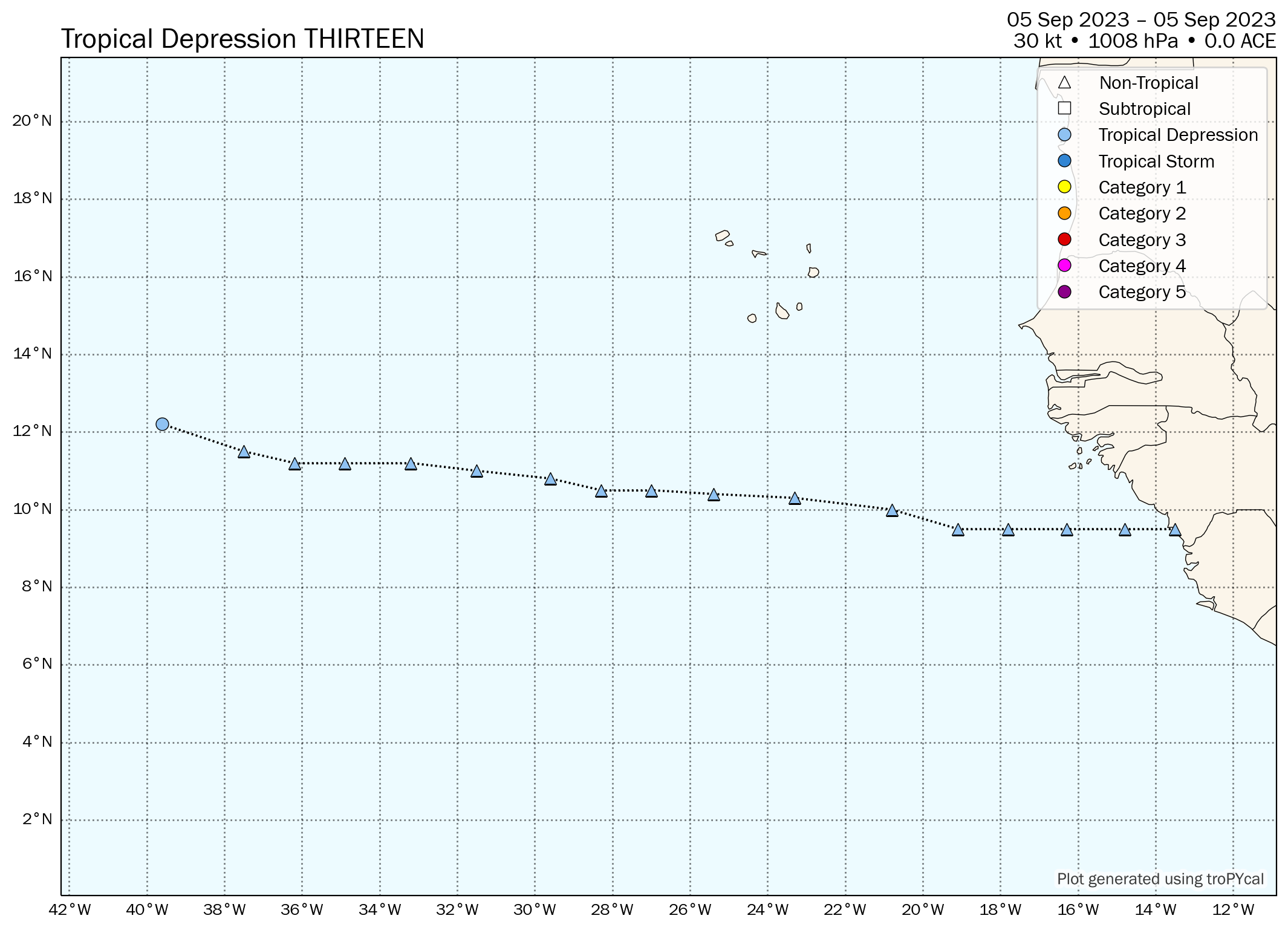 Tropical Depression Thirteen as of 11:00 AM Tuesday, September 5th, 2023, beginning its west-northwest turn and path. (Tomer Burg)