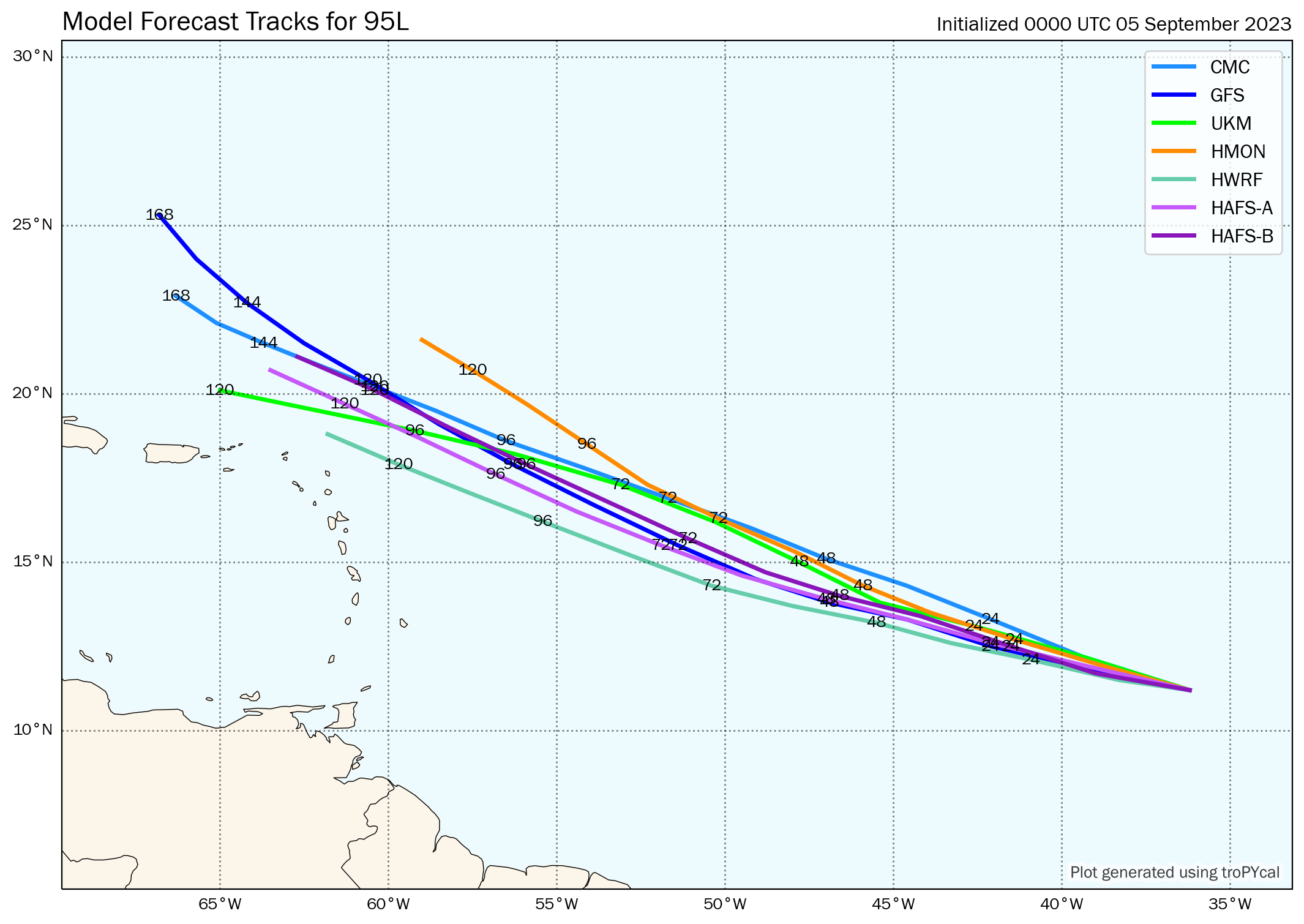 00Z Tuesday, September 5th, 2023, deterministic and hurricane model guidance for Invest 95L, showing clustered eventual tracks from the top leading global and hurricane models. (Tomer Burg)