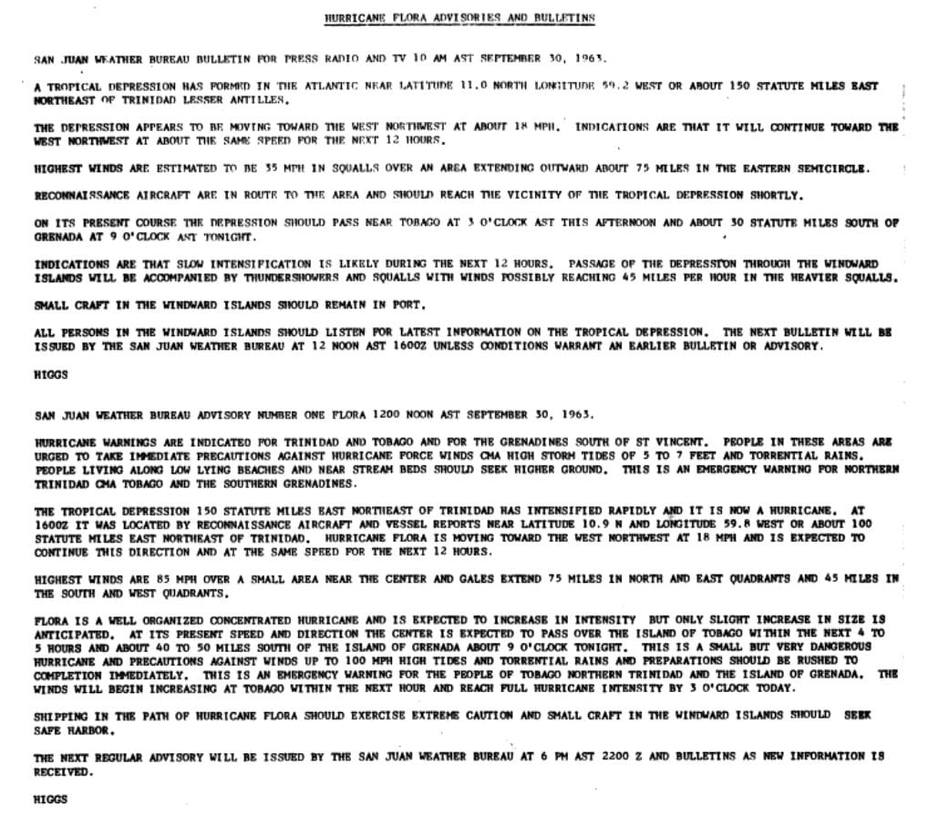 Hurricane Flora Advisories and Bulletin from the San Juan Weather Bureau on September 30th, 1963, with the first hurricane warnings ever issued for T&T.