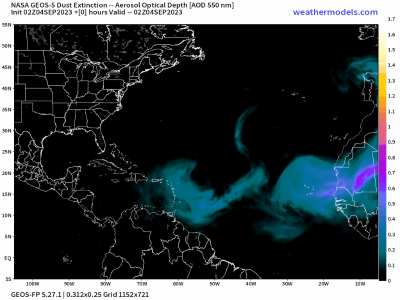 00Z Monday, September 4th, 2023, CAMS Copernicus Atmospheric Monitoring Tropical Atlantic Dust Aerosol Optical Depth showing Saharan Dust.