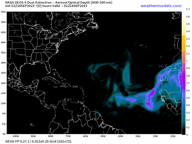 00Z Tuesday, September 19th, 2023, CAMS Copernicus Atmospheric Monitoring Tropical Atlantic Dust Aerosol Optical Depth showing Saharan Dust.