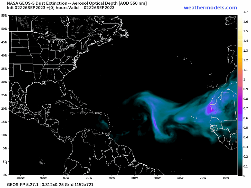 00Z Tuesday, September 26th, 2023, CAMS Copernicus Atmospheric Monitoring Tropical Atlantic Dust Aerosol Optical Depth showing Saharan Dust.