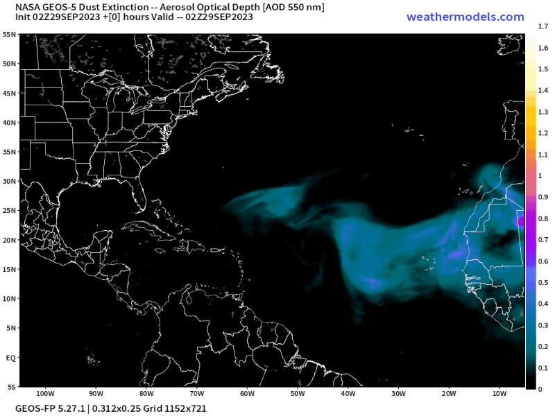 00Z Friday, September 29th, 2023, CAMS Copernicus Atmospheric Monitoring Tropical Atlantic Dust Aerosol Optical Depth showing Saharan Dust.