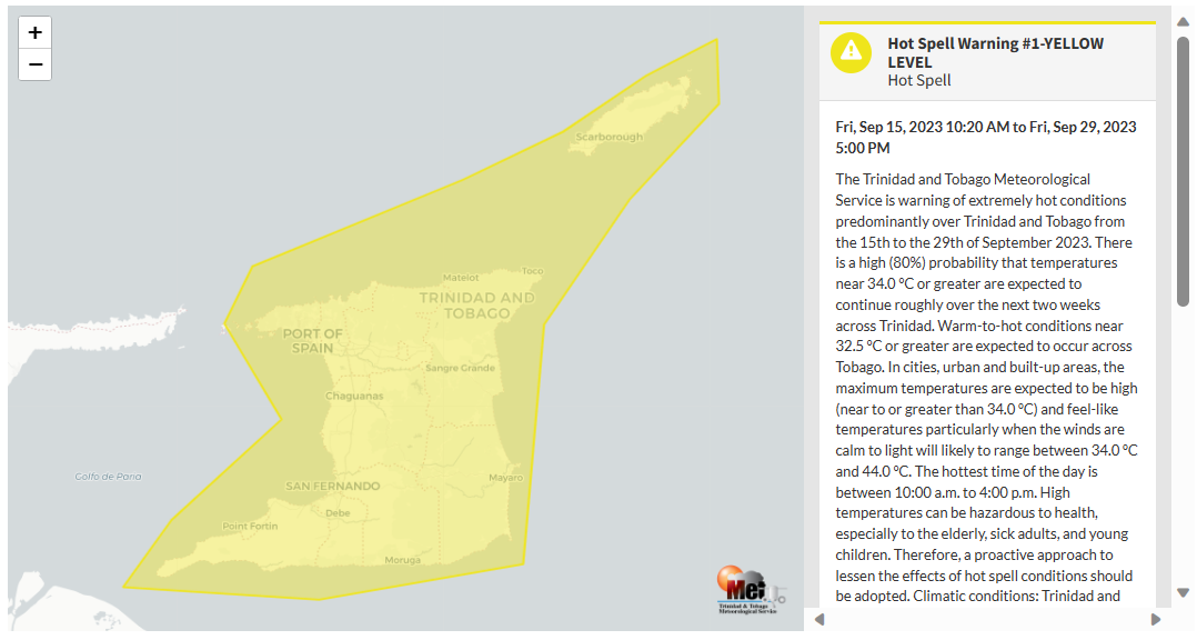 Hot Spell Warning information from the Trinidad and Tobago Meteorological Service