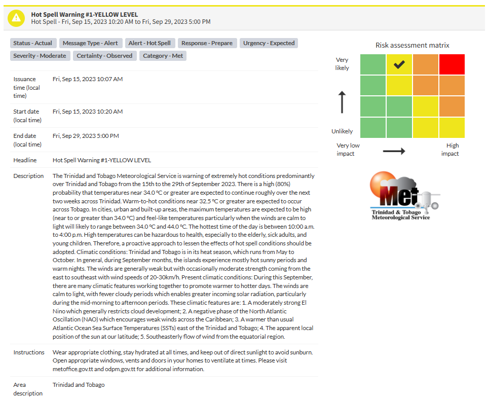 Hot Spell Warning information from the Trinidad and Tobago Meteorological Service