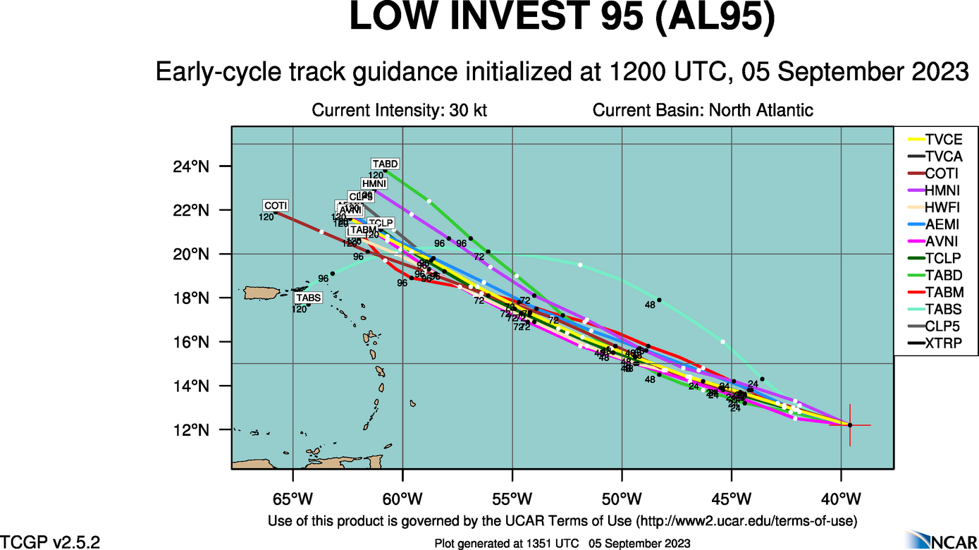 Forecast tracks for Tropical Depression Thirteen as of 12Z Tuesday, September 15th, 2023 (NCAR)
