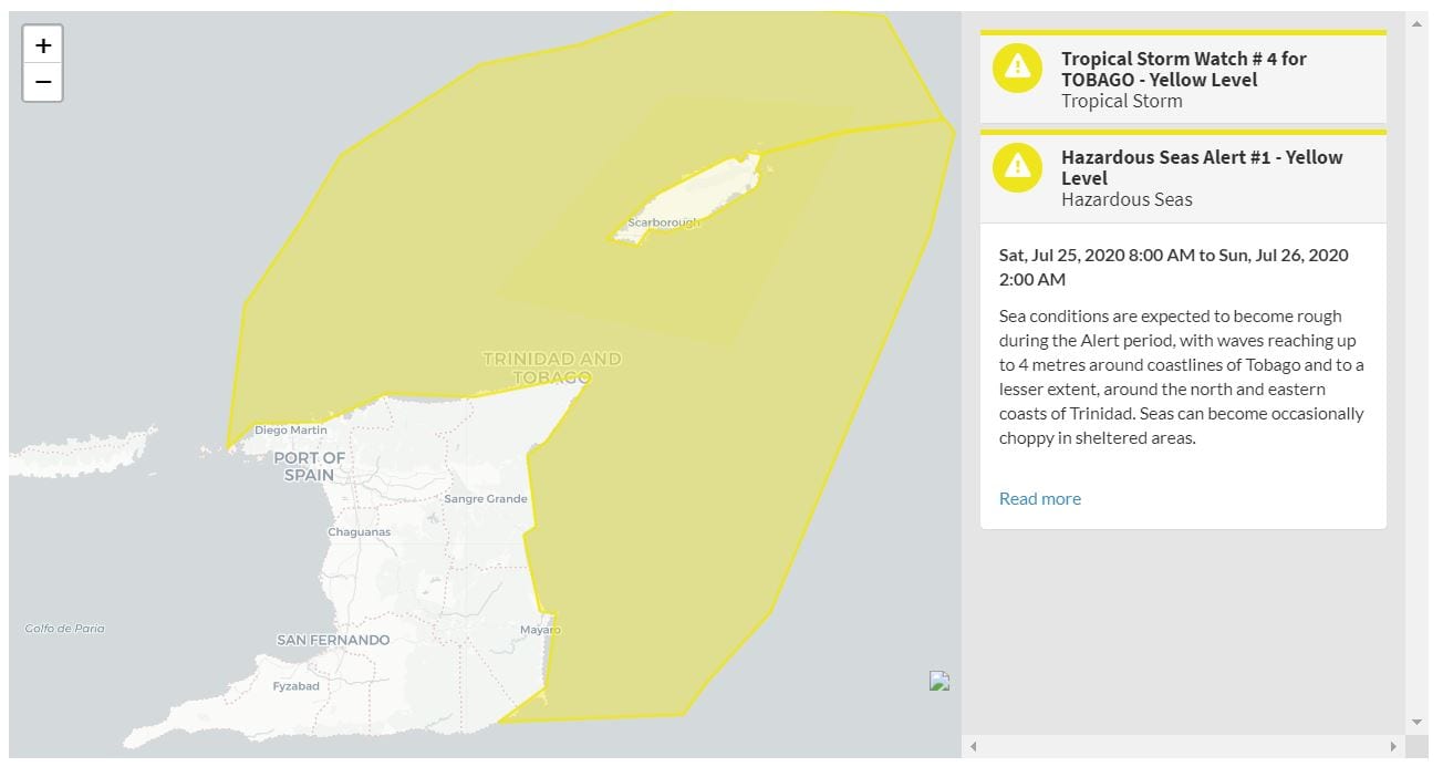 Information from the Trinidad and Tobago Meteorological Service concerning the Hazardous Seas Alert is in effect from 8 AM Saturday through 2 AM Sunday.