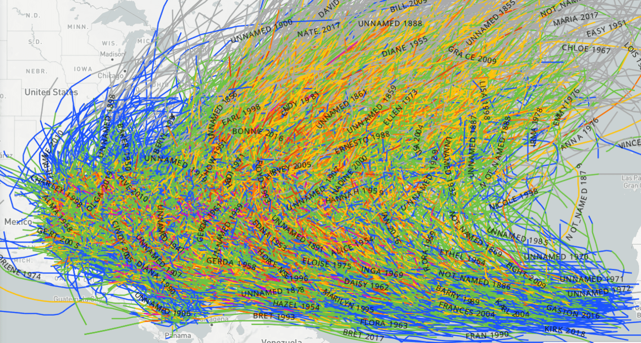 Overview of all the tropical cyclones recorded and analyzed in the Atlantic Basin since 1851 included in the HURDAT2 database. (NOAA)