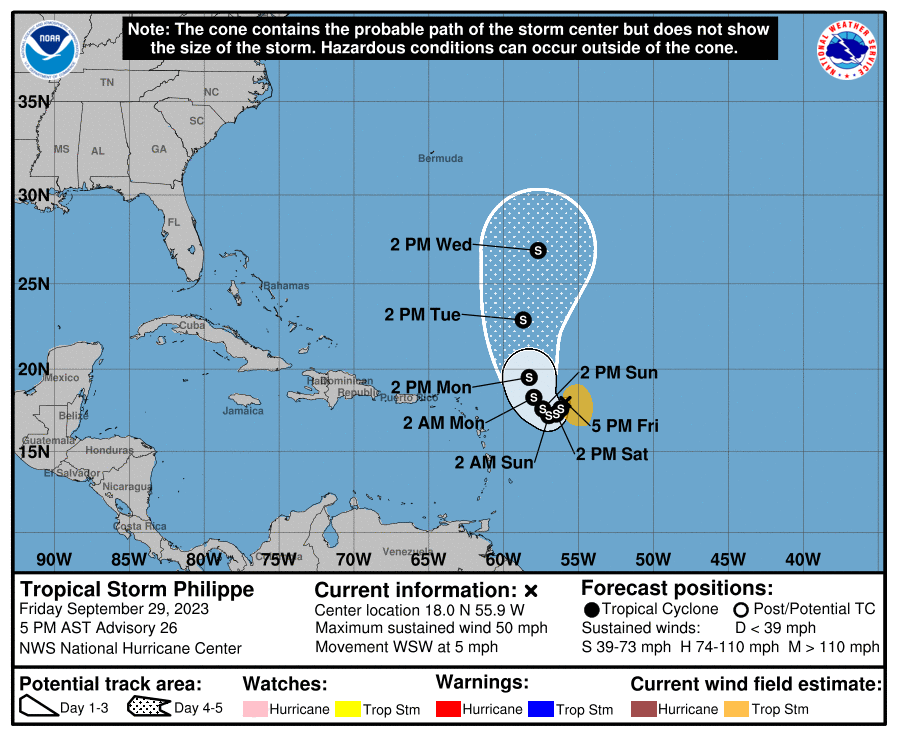 5:00 PM Friday, September 29th, 2023 Forecast Cone for Tropical Storm Philippe (Image credit: National Hurricane Center)