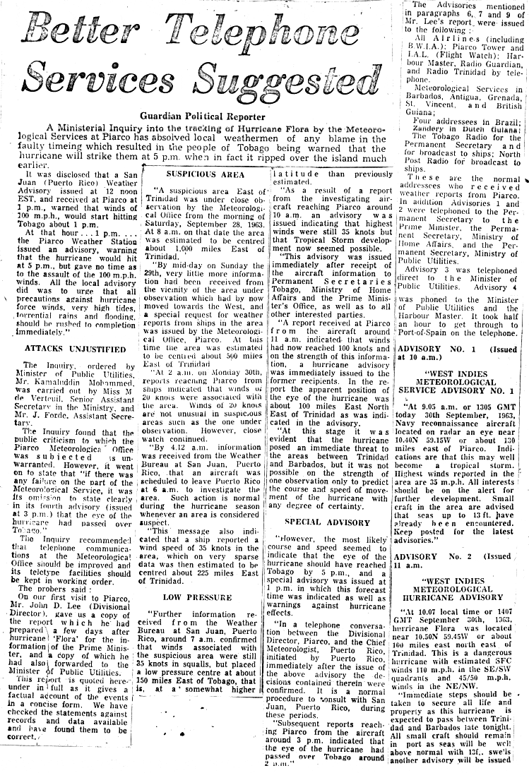 Trinidad Guardian, Tuesday, November 12th, 1963, on the Hurricane Flora Ministerial Inquiry into the Trinidad and Tobago Meteorological Service.