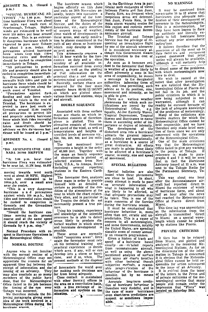 Trinidad Guardian, Tuesday, November 12th, 1963, on the Hurricane Flora Ministerial Inquiry into the Trinidad and Tobago Meteorological Service.