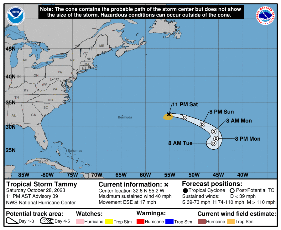 The National Hurricane Center's forecast cone for Tropical Storm Tammy as of 11:00 PM Saturday, October 28th, 2023