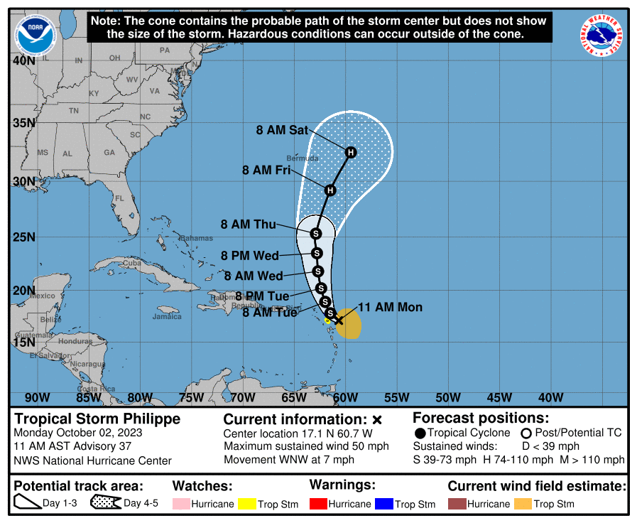 11:00 AM AST Forecast Cone for Tropical Storm Philippe (National Hurricane Center)