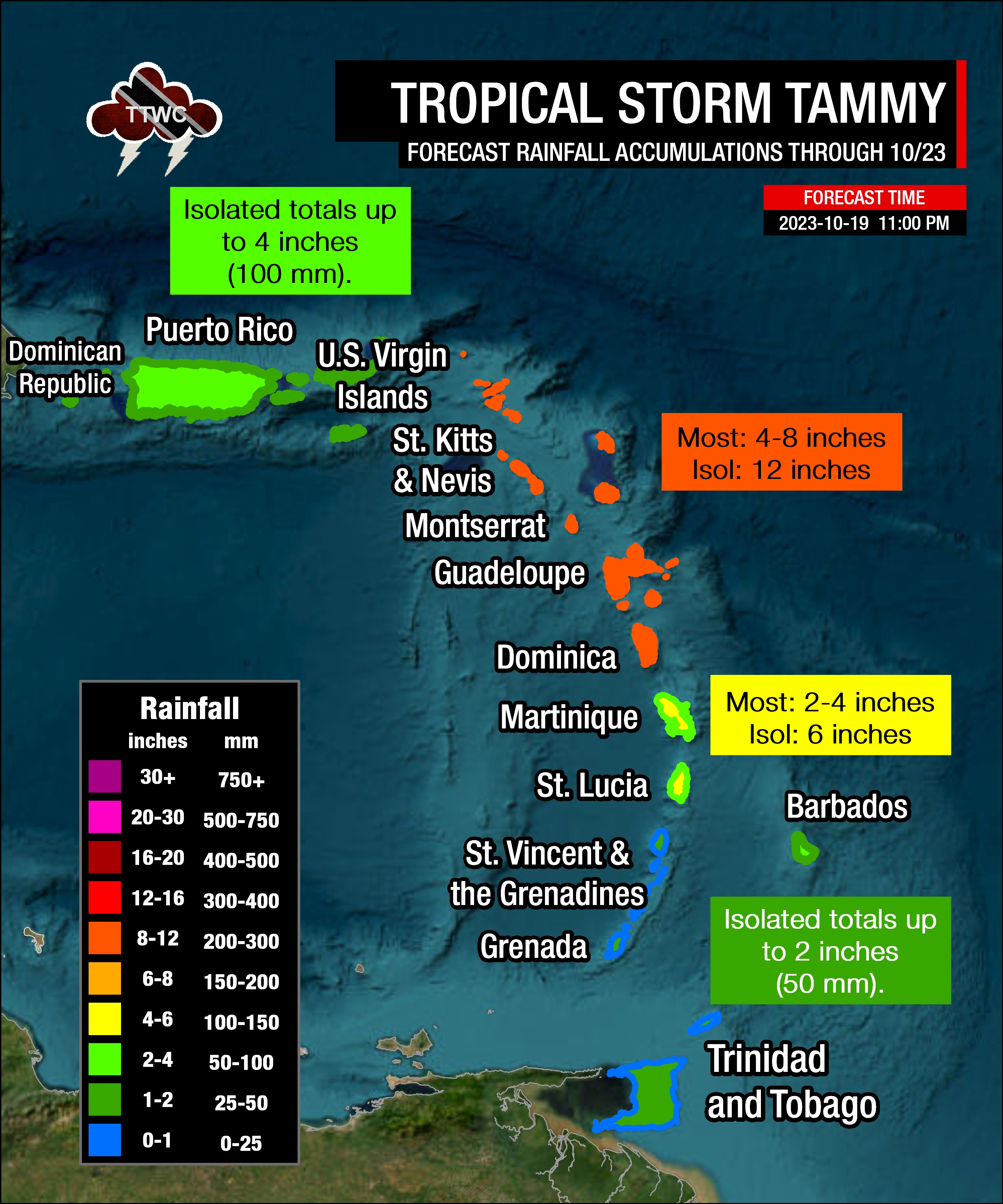 Forecast rainfall accumulations from the eventual system associated with Tropical Storm Tammy through Monday, October 23rd, 2023.