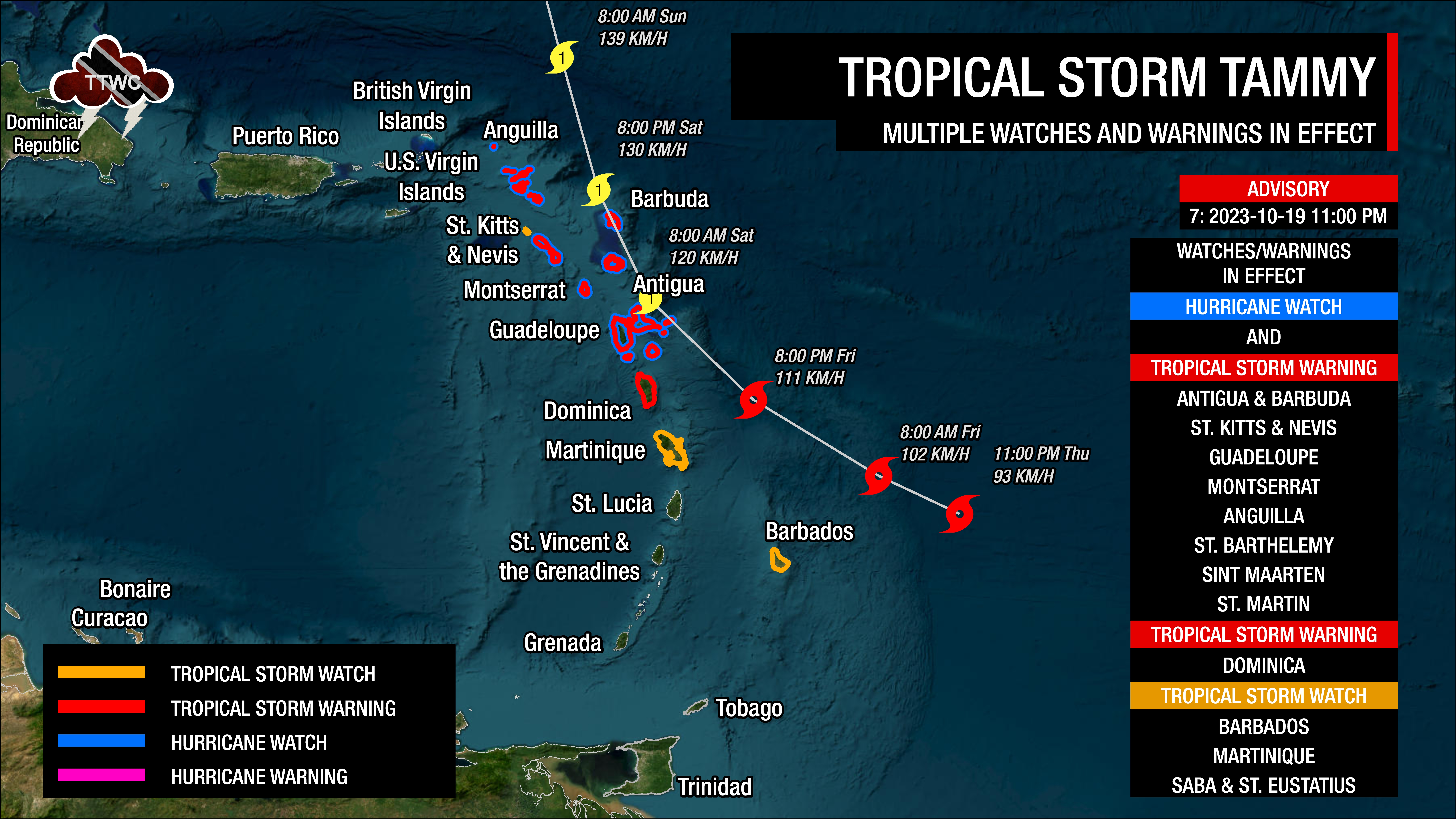 Tropical Storm and Hurricane Watches and Warnings as a result of Tropical Storm Tammy from the National Hurricane Center as of 11:00 PM Thursday, October 19th, 2023.