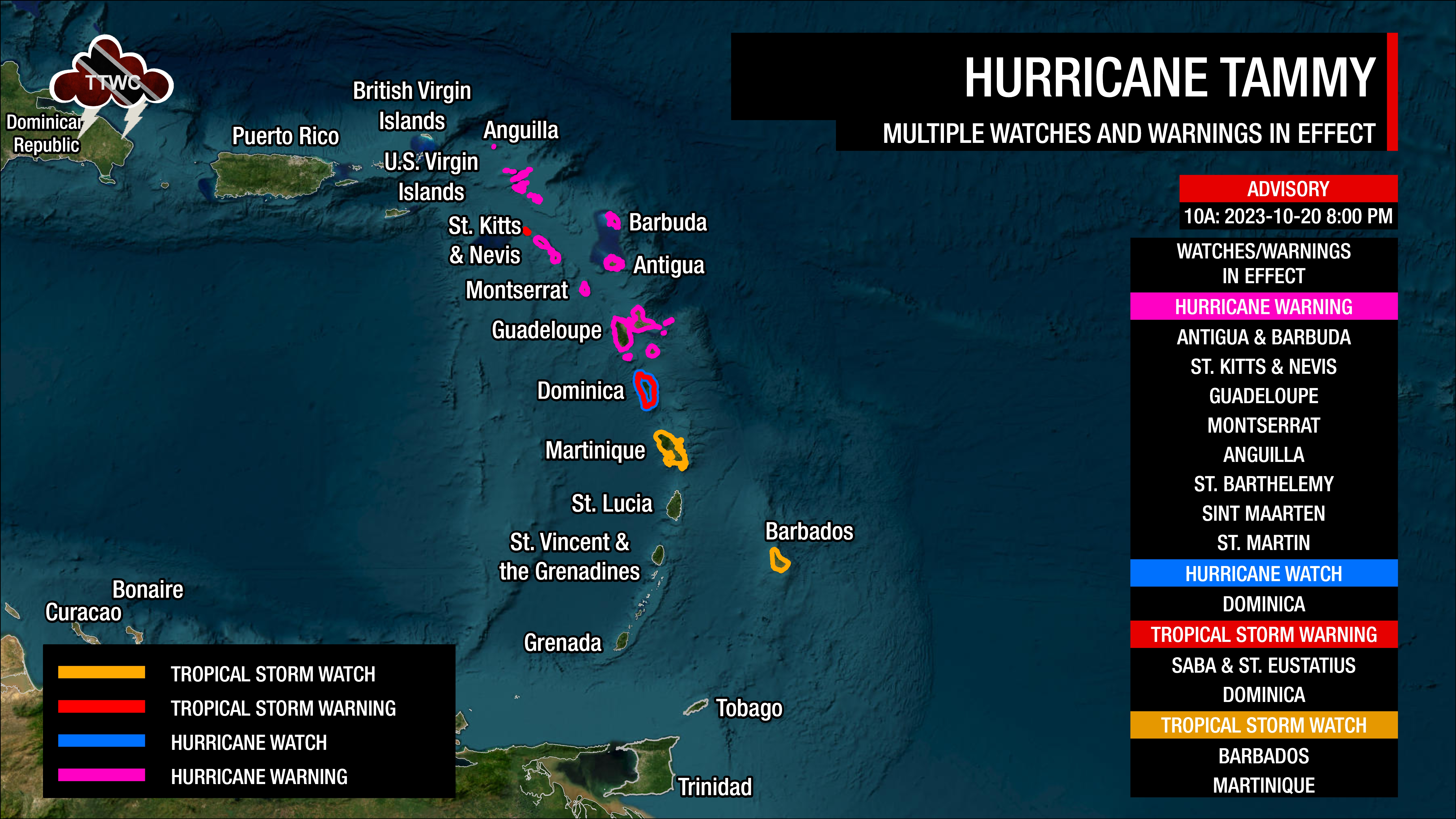Tropical Storm and Hurricane Watches and Warnings as a result of Hurricane Tammy from the National Hurricane Center as of 8:00 PM Friday, October 20th, 2023.