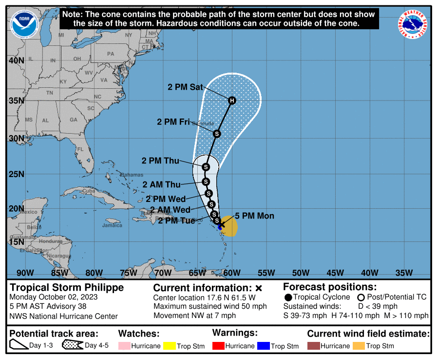 5:00 PM AST Forecast Cone for Tropical Storm Philippe (National Hurricane Center)