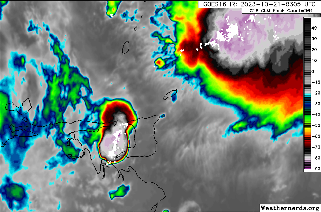 Severe thunderstorms associated with Hurricane Tammy moving across mainly western areas of Trinidad on Friday night into Saturday morning (Weathernerds.org)