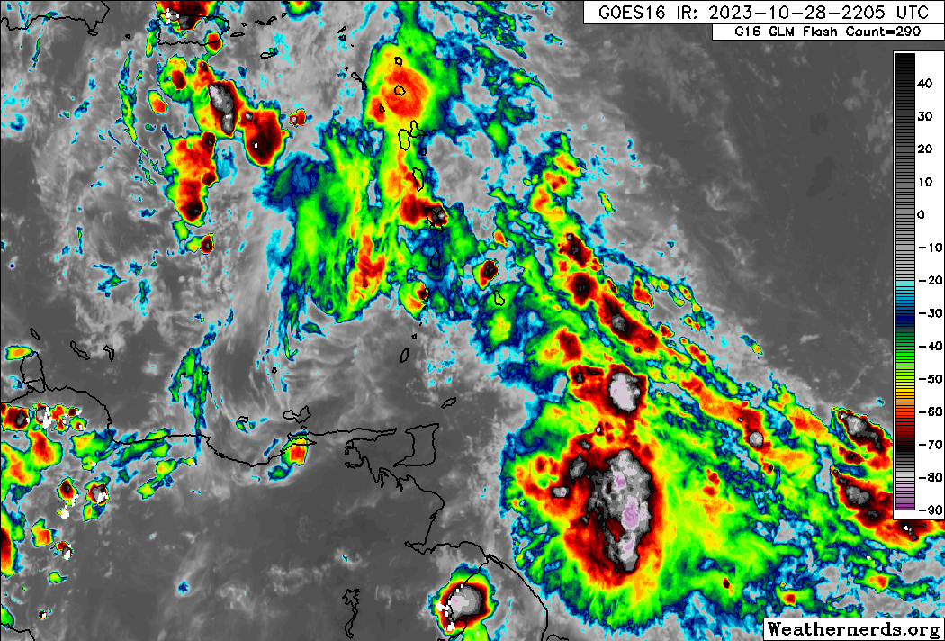 The axis of Tropical Wave 55 is west of the Lesser Antilles with an active low-level trough east of the region, producing scattered showers and isolated thunderstorms. (Weathernerds.org)