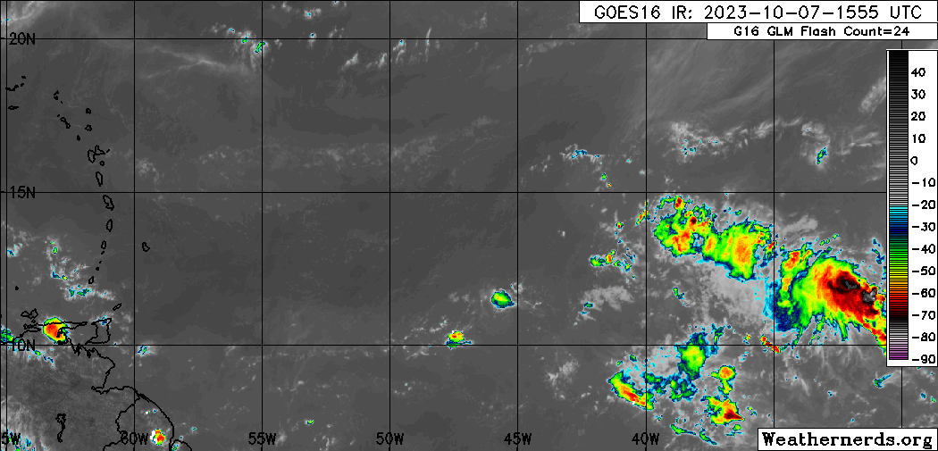 The axis of Tropical Wave 50 between 50W and 45W, south of 17N on Saturday afternoon, with little to no associated convection, only where the wave interacts with the Intertropical Convergence Zone. (Weathernerds.org)