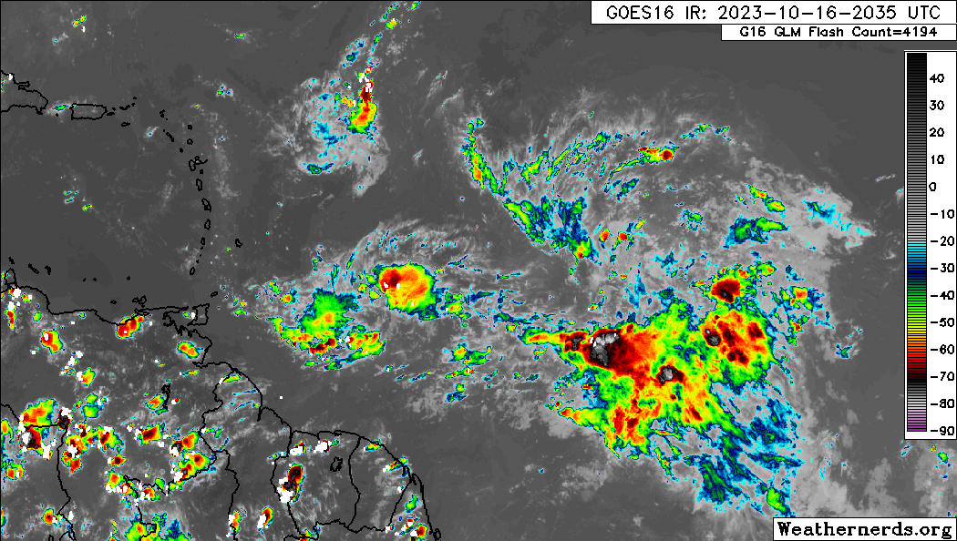 The axis of Tropical Wave 52/Invest 94L is east of the Lesser Antilles, along 10N, 39.7W, with scattered moderate to strong convection, with the axis of Tropical Wave 53 trailing right behind, along 38W. (Weathernerds.org)