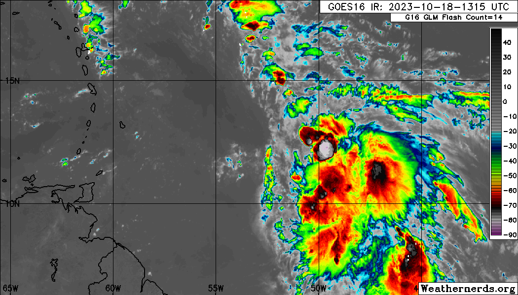 Tropical Wave 52/Invest 94L east of the Lesser Antilles on Wednesday, October 18th 2023 (Weathernerds.org)