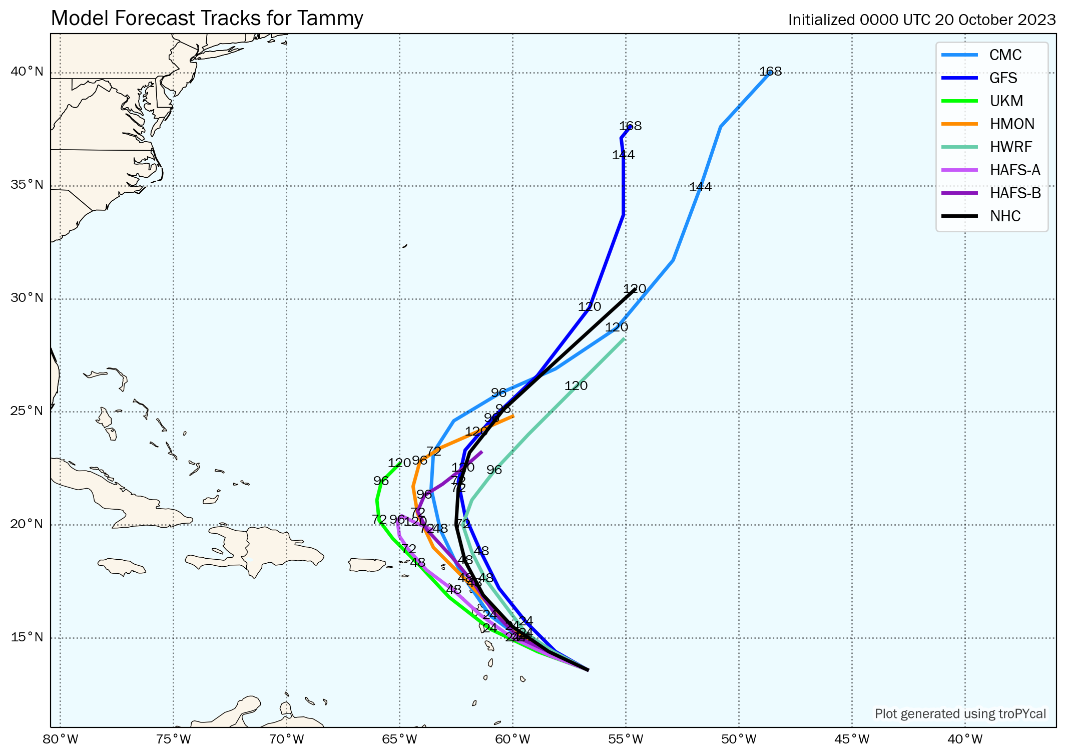 00Z Thursday, October 20th, 2023, deterministic and hurricane model guidance for Tropical Storm Tammy, showing clustered eventual tracks from the top leading global and hurricane models, with the NHC remaining on the eastern end of model guidance. (Tomer Burg)