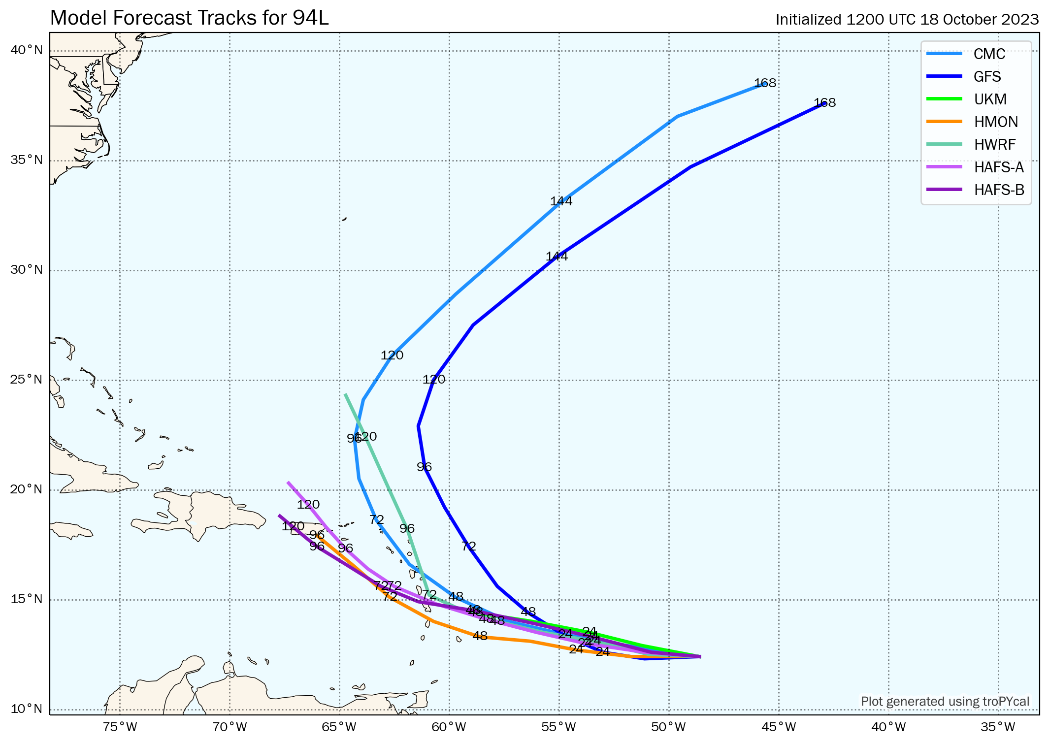 12Z Wednesday, October 18th, 2023, deterministic and hurricane model guidance for Invest 94L, showing clustered eventual tracks from the top leading global and hurricane models. (Tomer Burg)