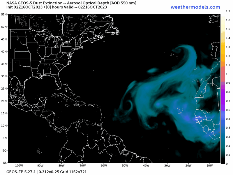 00Z Monday, October 17th, 2023, CAMS Copernicus Atmospheric Monitoring Tropical Atlantic Dust Aerosol Optical Depth showing Saharan Dust.