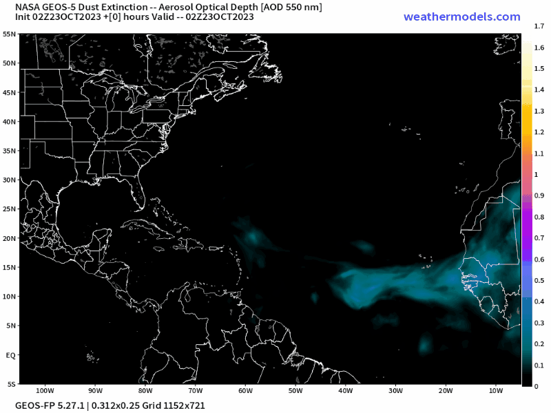00Z Monday, October 23rd, 2023, CAMS Copernicus Atmospheric Monitoring Tropical Atlantic Dust Aerosol Optical Depth showing Saharan Dust.