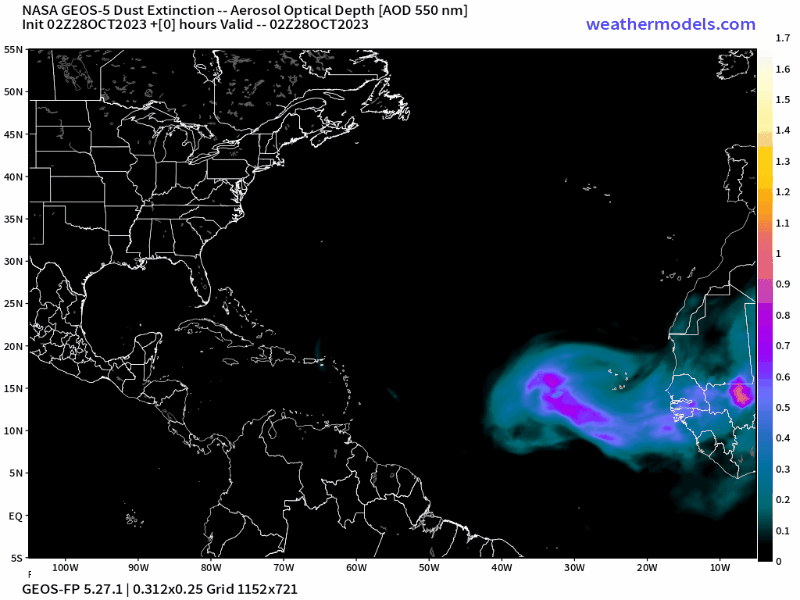 00Z Saturday, October 28th, 2023, NASA GEOS-5 Dust Extinction Monitoring Tropical Atlantic Dust Aerosol Optical Depth showing Saharan Dust.