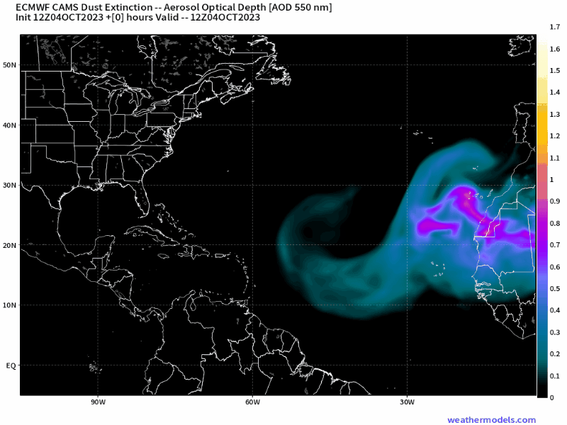 00Z Wednesday, October 5th, 2023, CAMS Copernicus Atmospheric Monitoring Tropical Atlantic Dust Aerosol Optical Depth showing Saharan Dust.