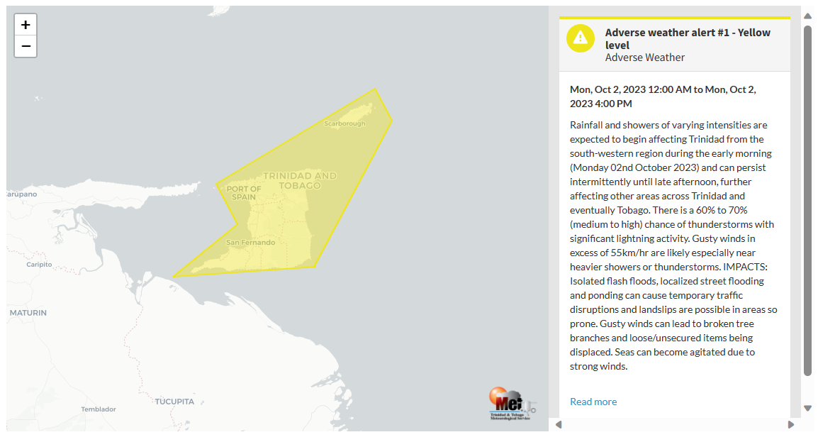 
Adverse Weather Alert information from the Trinidad and Tobago Meteorological Service