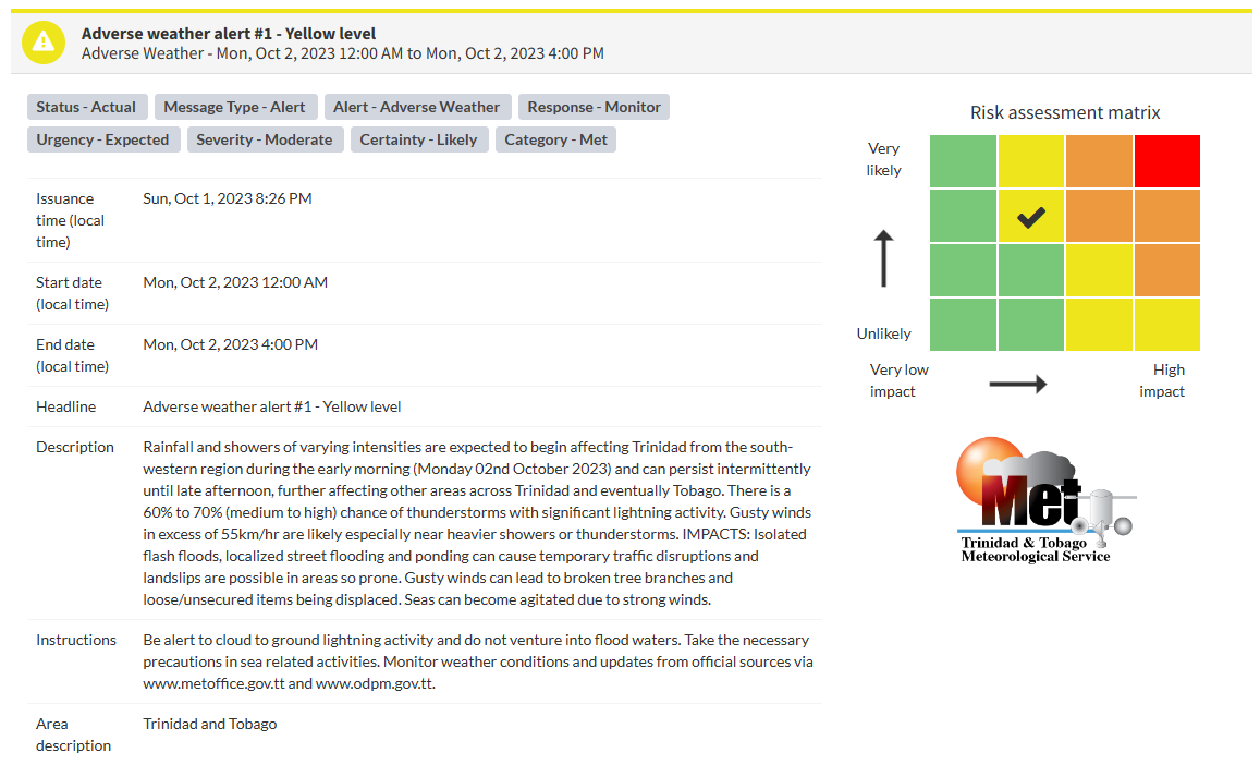 
Adverse Weather Alert information from the Trinidad and Tobago Meteorological Service
