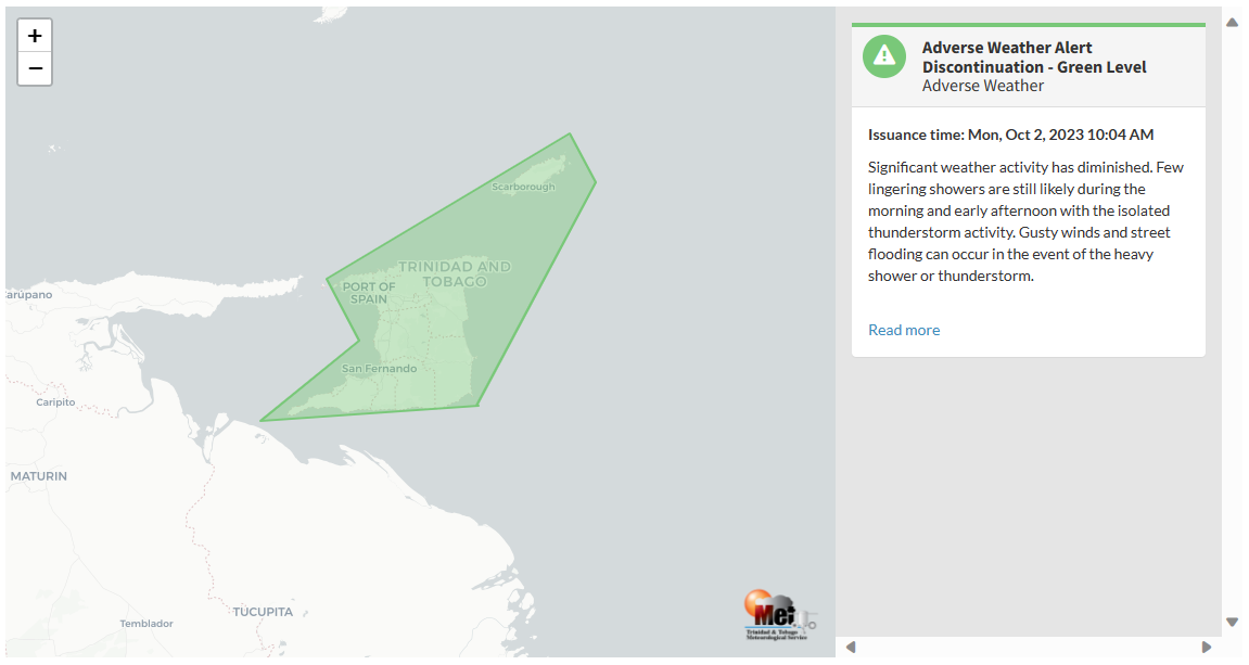 Adverse Weather Alert information from the Trinidad and Tobago Meteorological Service