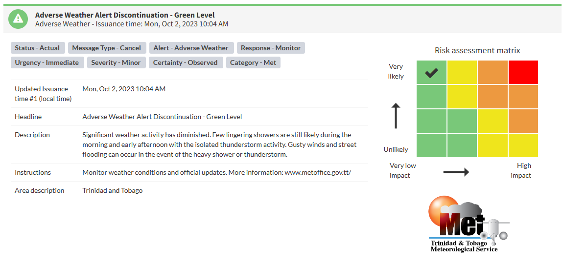 Adverse Weather Alert information from the Trinidad and Tobago Meteorological Service
