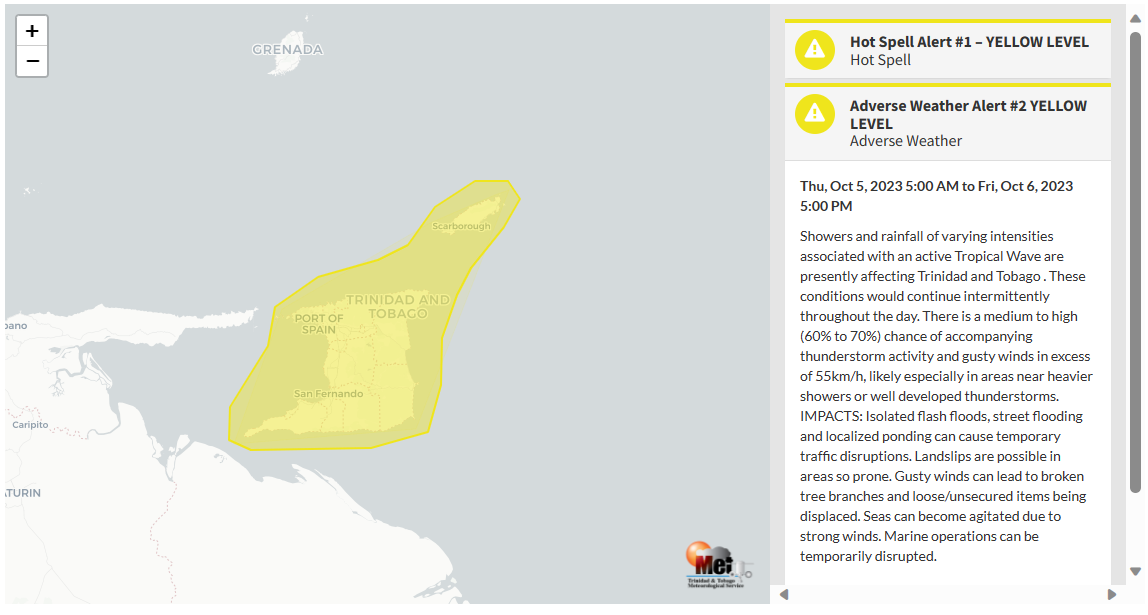 Adverse Weather Alert information from the Trinidad and Tobago Meteorological Service