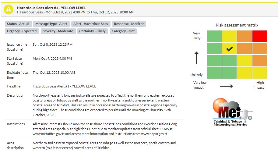 Hazardous Seas Alert information from the Trinidad and Tobago Meteorological Service