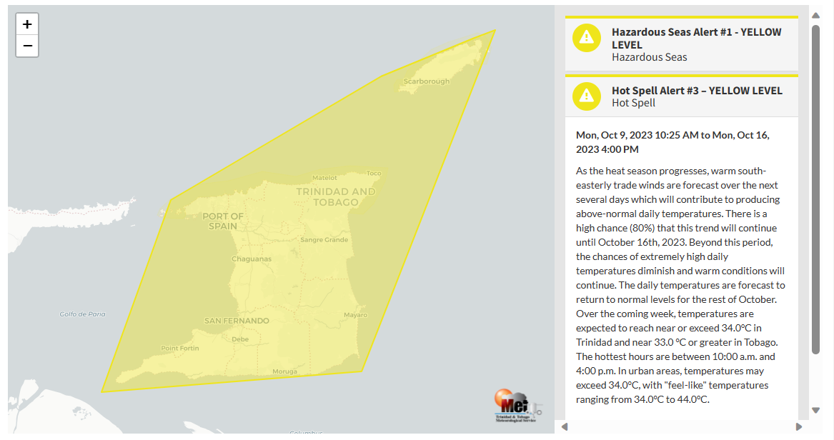Hot Spell Alert information from the Trinidad and Tobago Meteorological Service