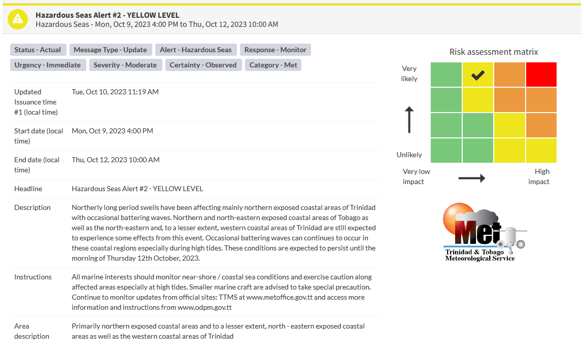 Hazardous Seas Alert information from the Trinidad and Tobago Meteorological Service
