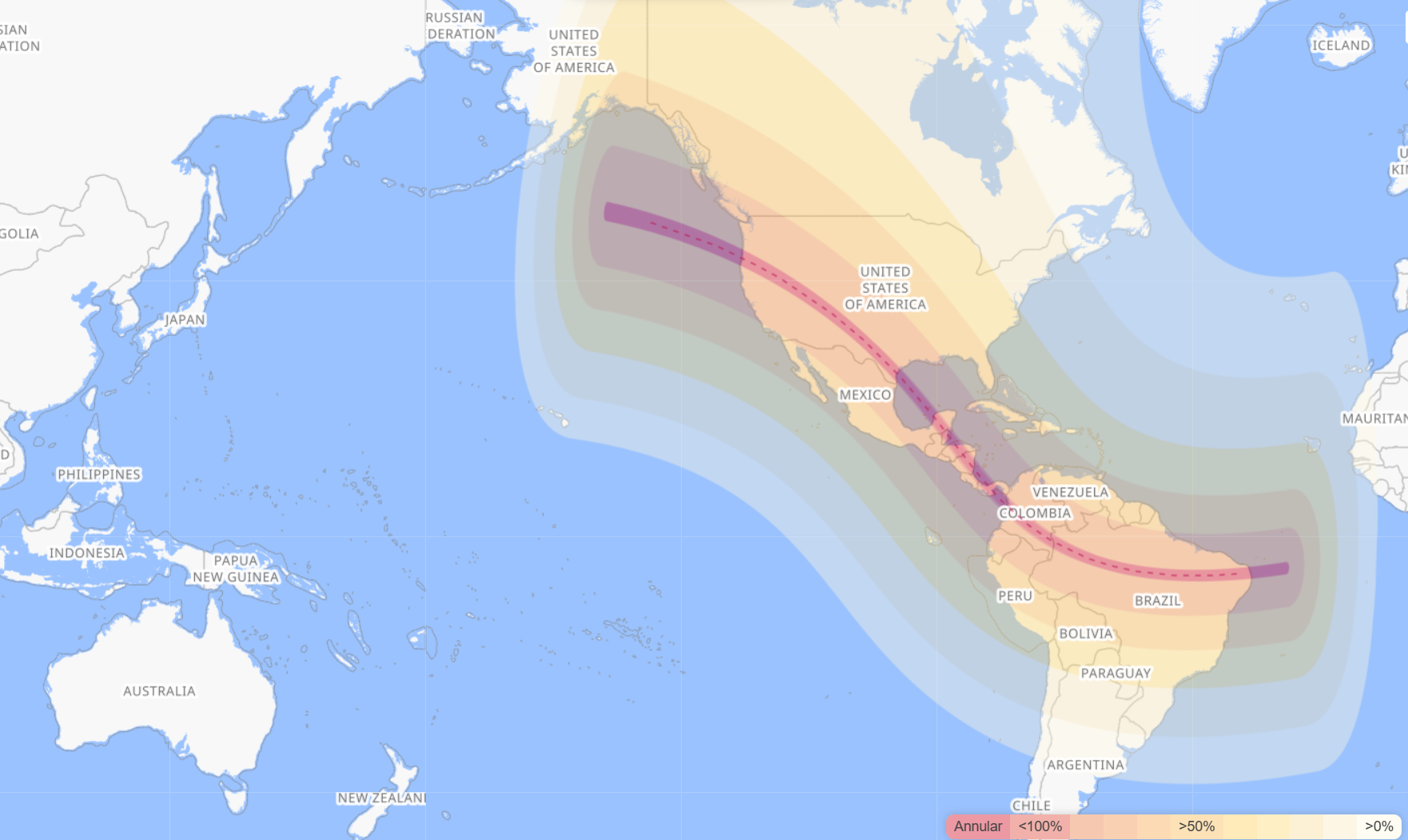 The map shows the visibility of the annular solar eclipse on October 14th, 2023.
