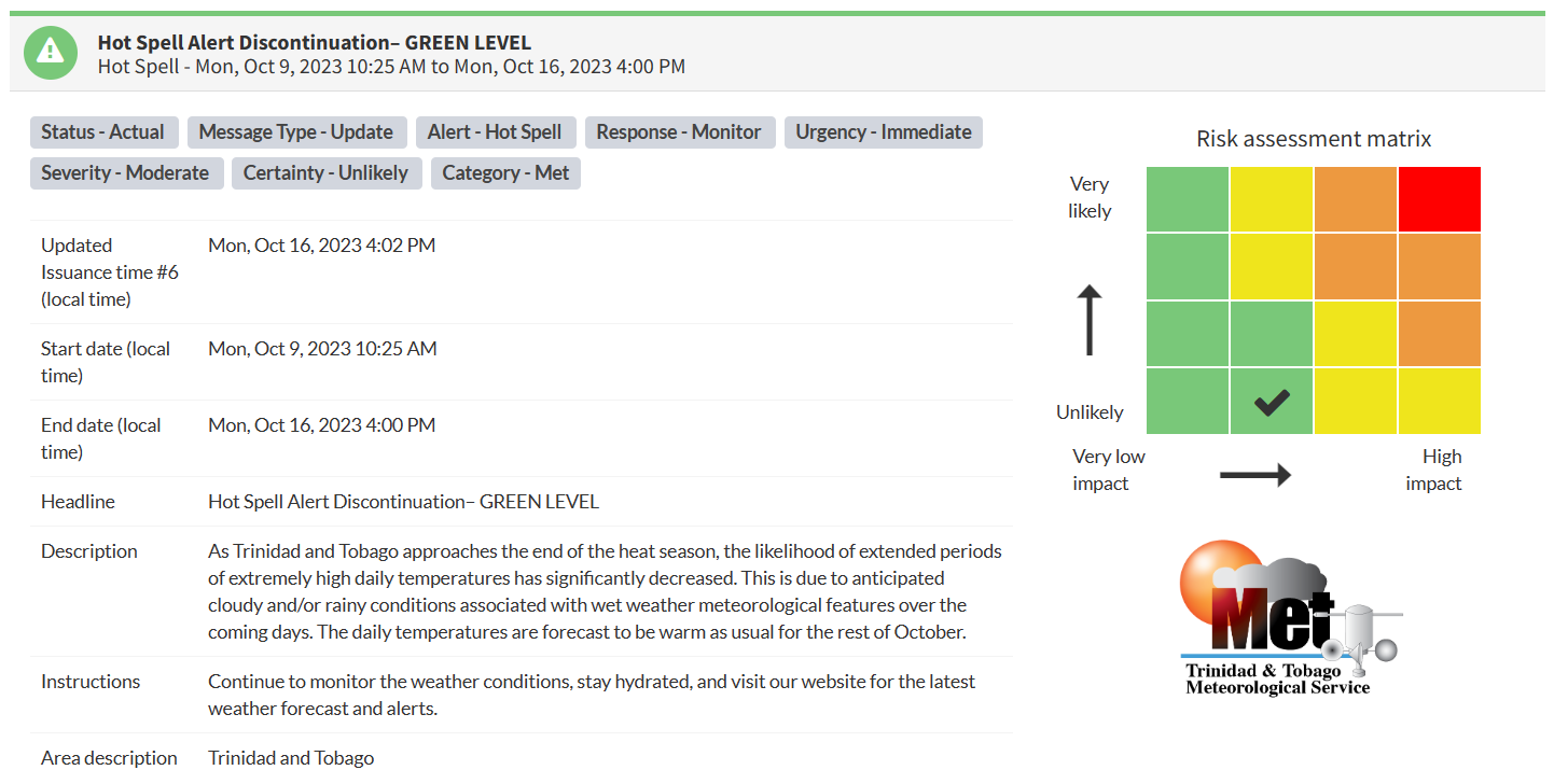 The Hot Spell Alert Discontinuation from the Trinidad and Tobago Meteorological Service (TTMS)