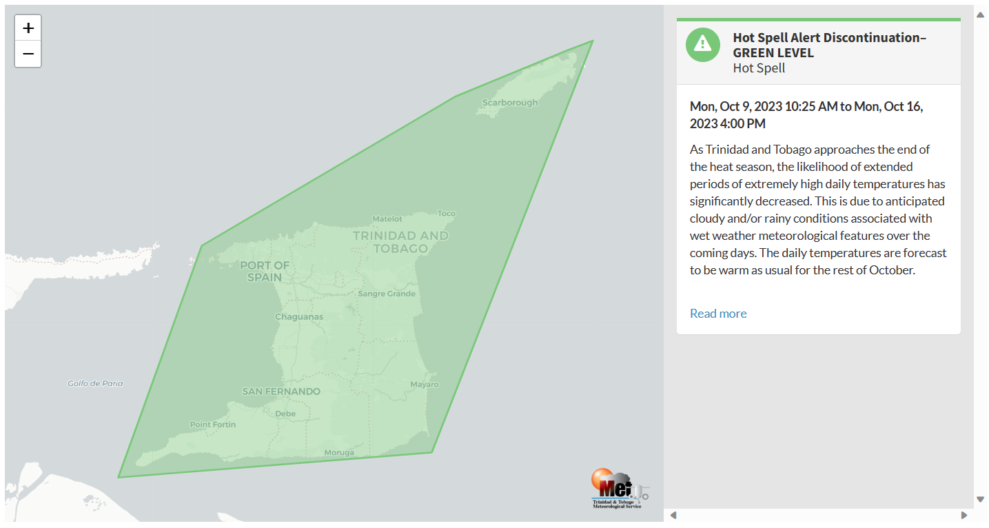 The Hot Spell Alert Discontinuation from the Trinidad and Tobago Meteorological Service (TTMS)